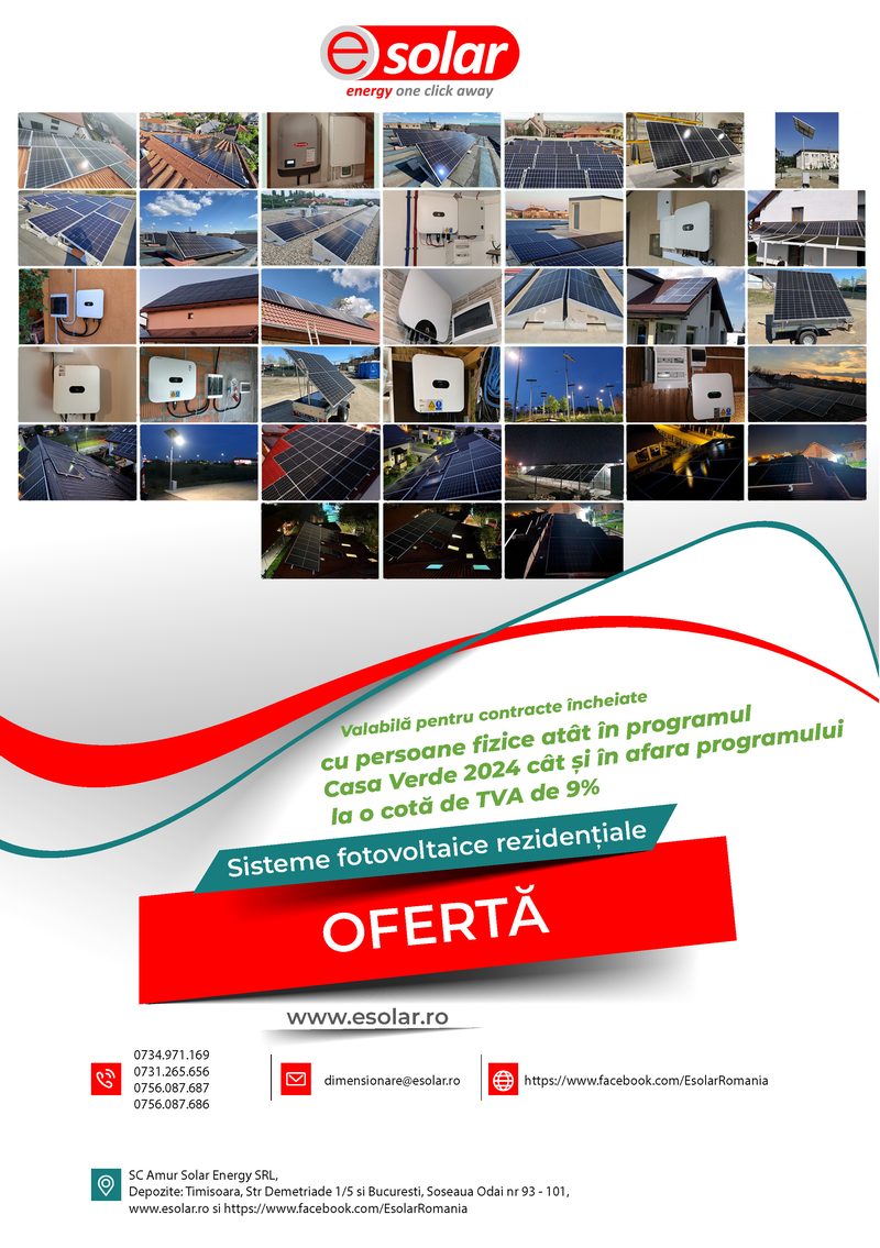Pagina 1 din broșura eSolar: coperta broșurii: sisteme fotovoltaice rezidențiale, datele de contact eSolar.